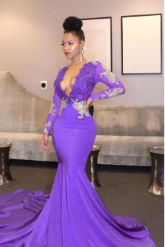 Deep V Neck Mermaid Long Purple Lace Appliques Prom Dresses with Long Sleeves 801282