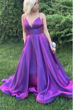 A-Line Spaghetti Straps Long Purple Prom Dresses 801285