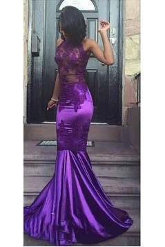 Long Purple Mermaid Sleeveless Lace Prom Dresses 801287