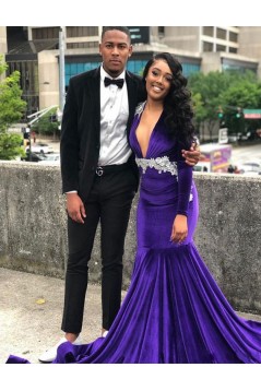 Deep V Neck Long Purple Mermaid Prom Dresses 801288