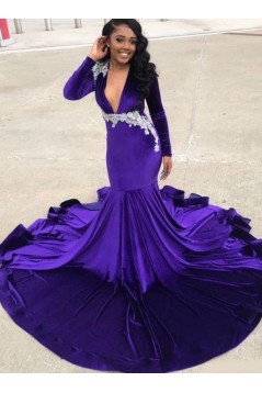 Deep V Neck Long Purple Mermaid Prom Dresses 801288