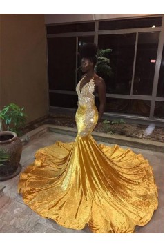Mermaid Halter Deep V Neck Lace Long Prom Dresses 801290