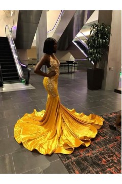 Mermaid Halter Deep V Neck Lace Long Prom Dresses 801290