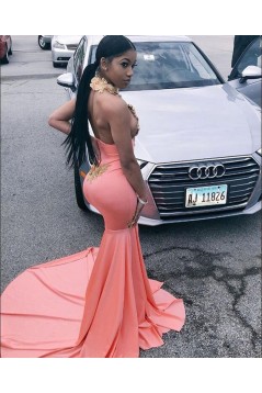 Mermaid Gold Lace Appliques Long Prom Dresses 801295