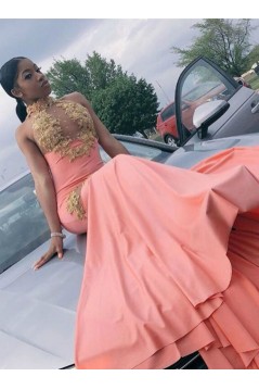 Mermaid Gold Lace Appliques Long Prom Dresses 801295