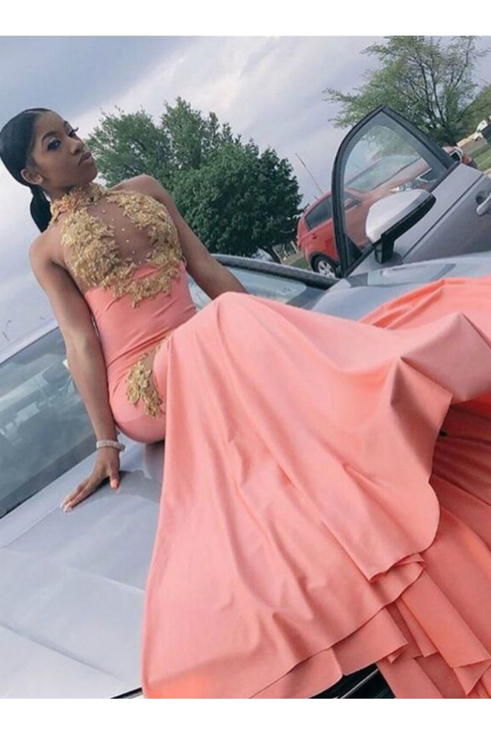 Mermaid Gold Lace Appliques Long Prom Dresses 801295