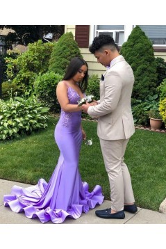 Long Purple Beaded Lace Mermaid Prom Dresses 801296