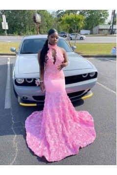 Long Pink Mermaid High Low Lace Prom Dresses 801297