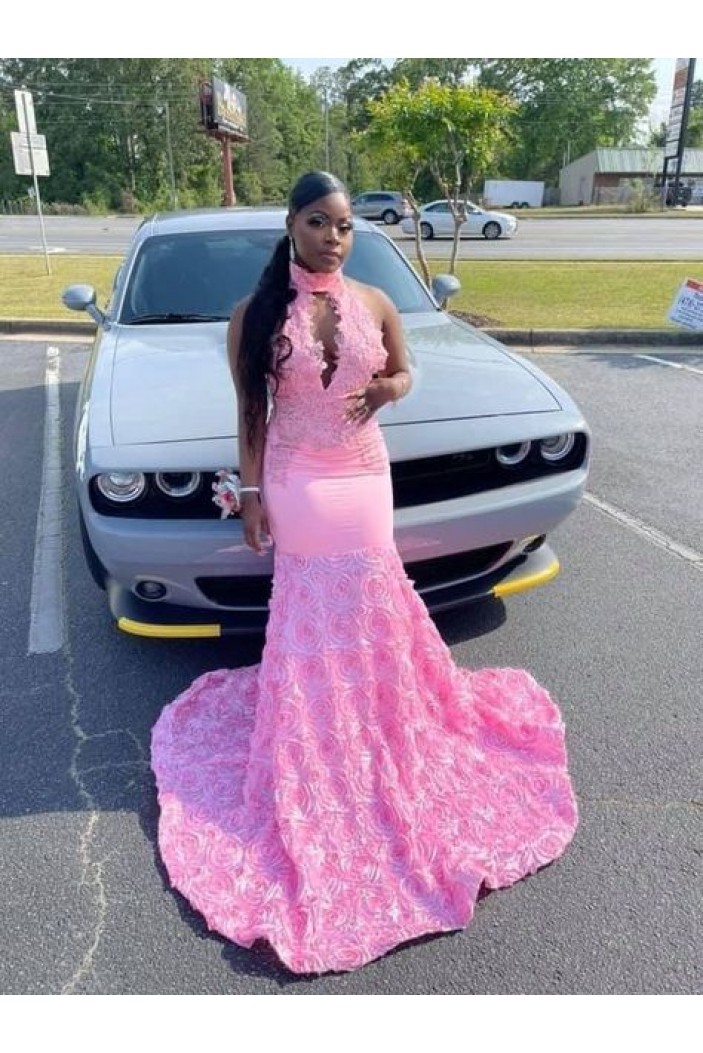 Long Pink Mermaid High Low Lace Prom Dresses 801297