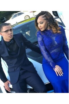 Mermaid Royal Blue Lace Long Sleeves Prom Dresses 801298