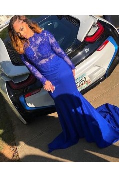 Mermaid Royal Blue Lace Long Sleeves Prom Dresses 801298