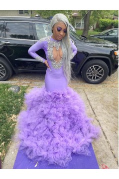 Long Purple Mermaid Lace and Tulle Long Sleeves Prom Dresses 801299