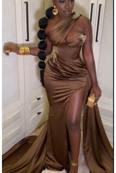 Mermaid Beaded One Shoulder High Slit Long Prom Dresses 801302