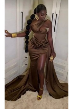 Mermaid Beaded One Shoulder High Slit Long Prom Dresses 801302