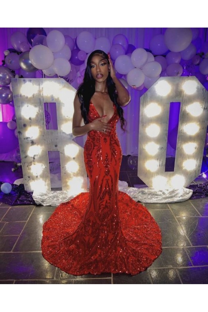 Long Red Mermaid Sequins Lace Prom Dresses 801303