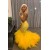 Long Yellow Mermaid Lace Spaghetti Straps Prom Dresses 801315