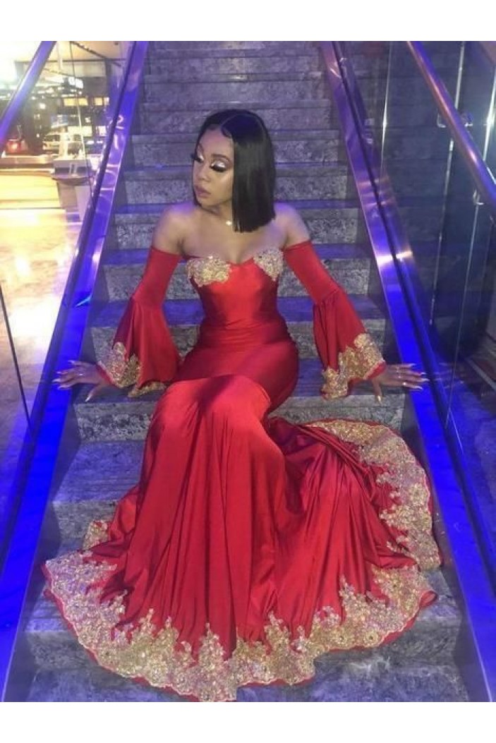 Mermaid Lace Long Red Prom Dresses with Sleeves 801317