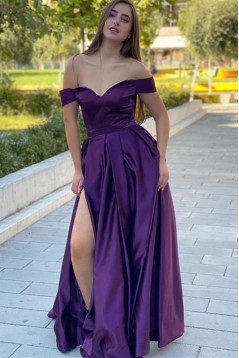 A-Line Off the Shoulder Purple Long Prom Dresses 801319