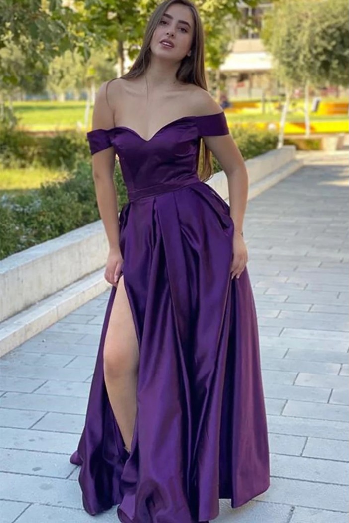 A-Line Off the Shoulder Purple Long Prom Dresses 801319