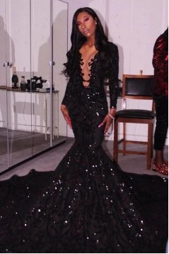 Long Black Mermaid Sparkle Lace Prom Dresses Evening Gowns with Long Sleeves 801328