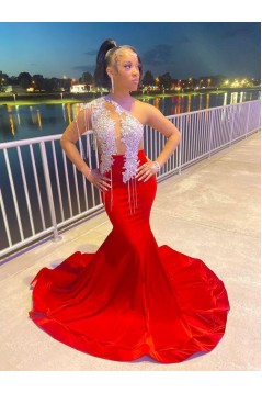 Long Red Beaded Lace One Shoulder Prom Dresses 801333