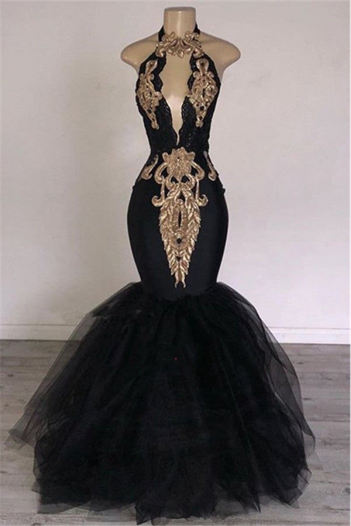 Mermaid Gold Lace Appliques Long Black Prom Dresses 801334