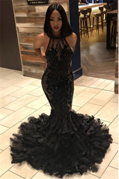 Mermaid Long Black Lace Backless Prom Dresses 801339