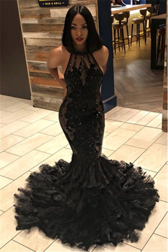 Mermaid Long Black Lace Backless Prom Dresses 801339