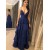 A-Line Navy Blue Spaghetti Straps Long Prom Dresses 801340