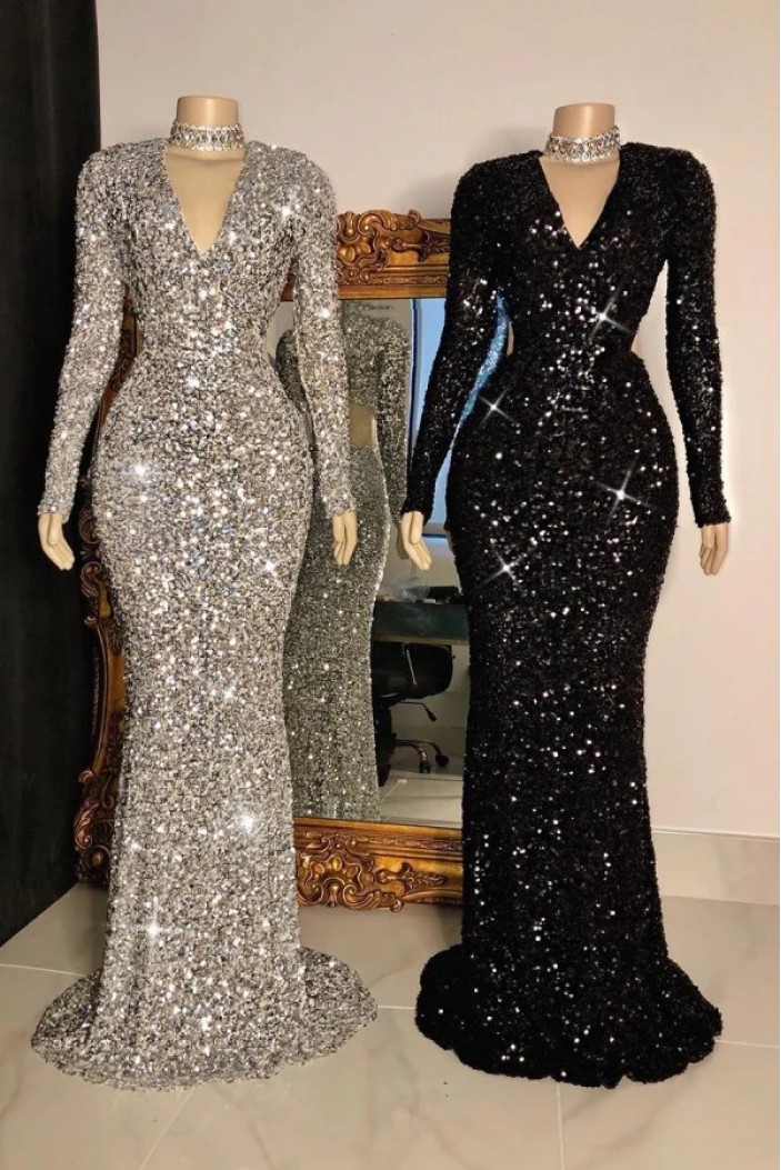 Mermaid Sequins Long Sleeves Prom Dresses 801343