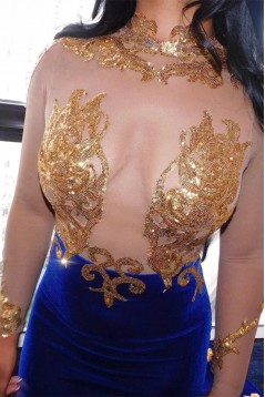 Mermaid Long Sleeves High Neck Gold Lace Appliques Long Prom Dresses 801346