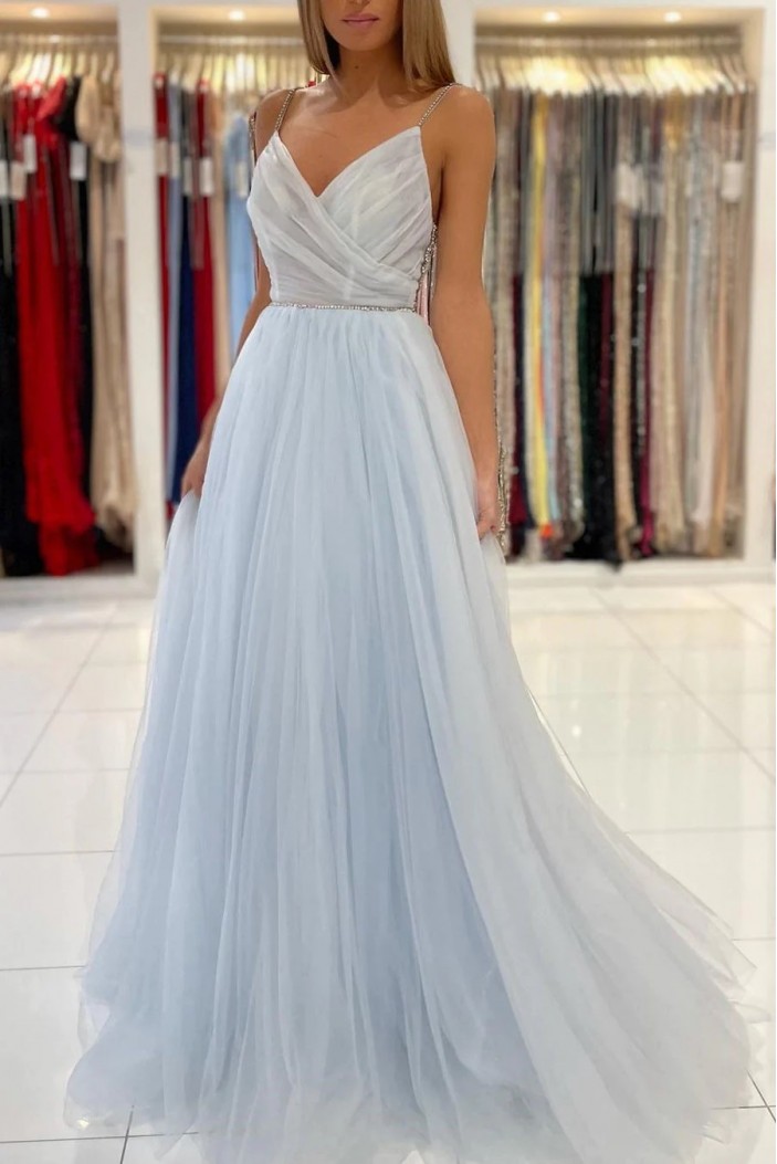 Long Blue Beaded Tulle Prom Dresses Formal Evening Dresses 801349
