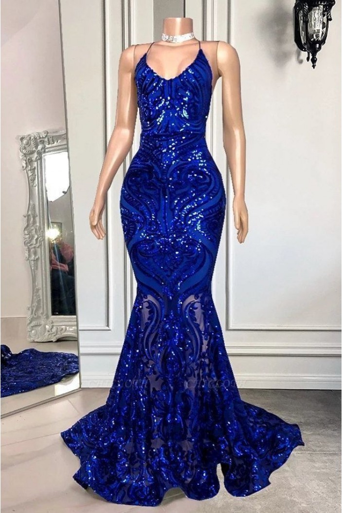 Mermaid Royal Blue Lace Long Prom Dresses 801353