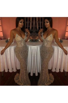 Mermaid V Neck Sequins Beaded Long Prom Dresses 801356