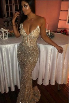 Mermaid V Neck Sequins Beaded Long Prom Dresses 801356