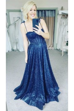 A-Line Navy Blue Sparkle Spaghetti Straps Long Prom Dresses 801361