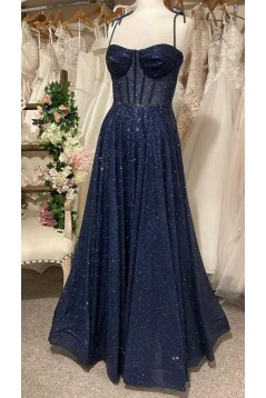 A-Line Navy Blue Sparkle Spaghetti Straps Long Prom Dresses 801361