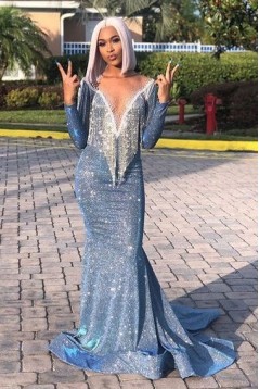 Long Sparkle Mermaid Deep V Neck Prom Dresses with Long Sleeves 801371
