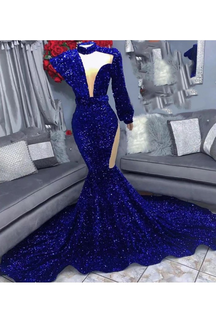 Mermaid Royal Blue Sequins Long Prom Dresses 801375