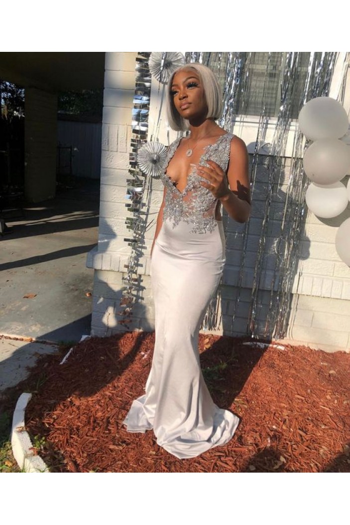 Mermaid Deep V Neck Lace Long Prom Dresses 801395