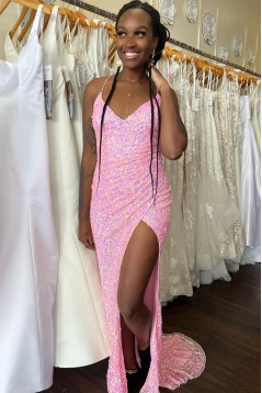 Long Pink Sheath Sequins Prom Dresses with Slit 801398