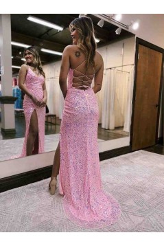 Long Pink Sheath Sequins Prom Dresses with Slit 801398