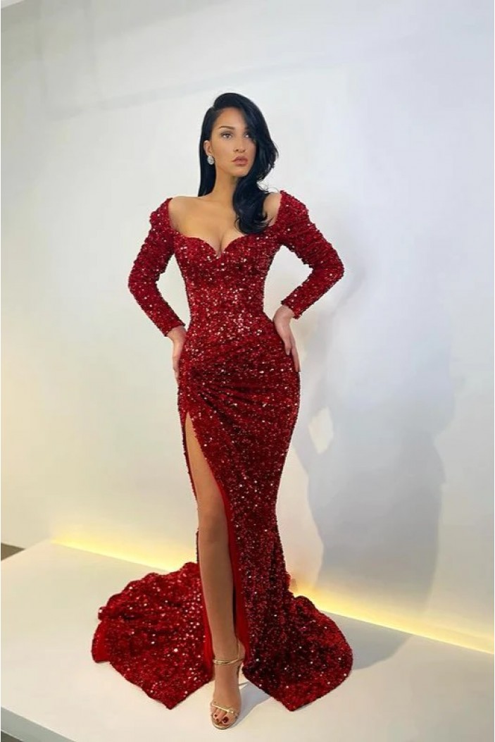 Mermaid Sparkle Sequins Long Sleeves Prom Dresses 801405