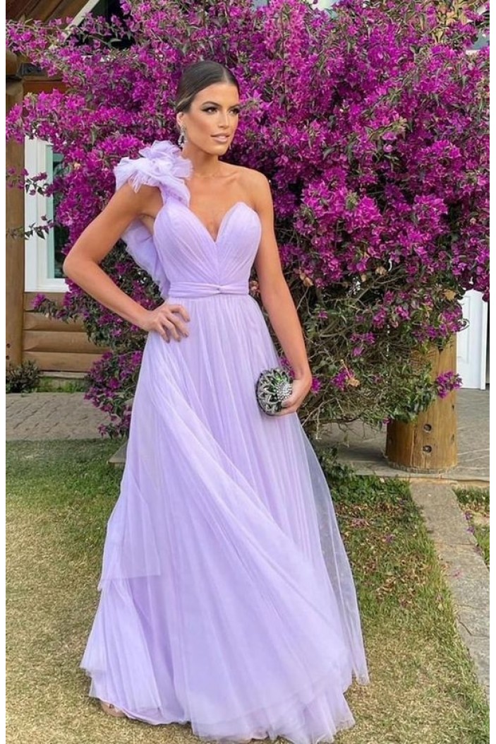 A-Line Long Tulle One Shoulder Prom Dresses 801406