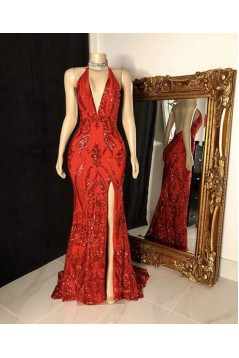 Long Red Deep V Neck Lace Prom Dresses 801409