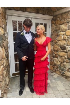 Long Red Tiered Lace Prom Dresses 801416