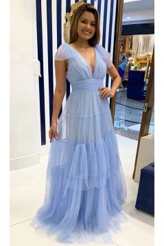 Long Blue Deep V Neck Tulle Prom Dresses 801417