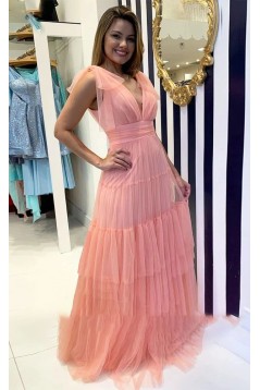 Long Blue Deep V Neck Tulle Prom Dresses 801417