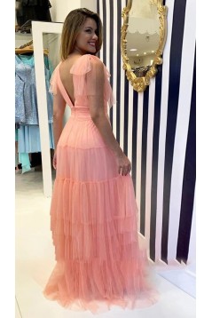 Long Blue Deep V Neck Tulle Prom Dresses 801417