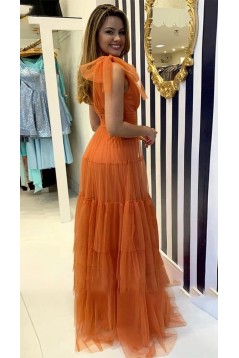 Long Blue Deep V Neck Tulle Prom Dresses 801417